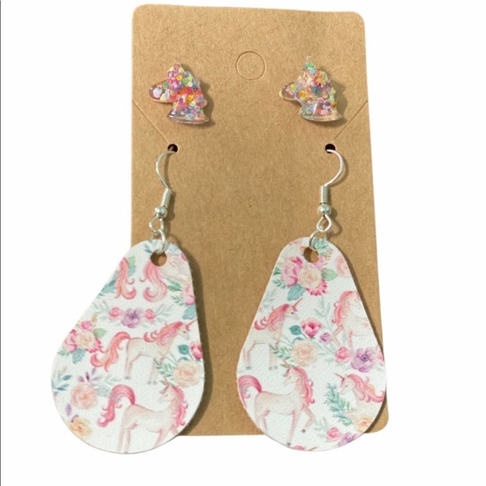 Floral‎ Unicorn Statements Earrings Pair Set Studs And Dangles Vegan Leather